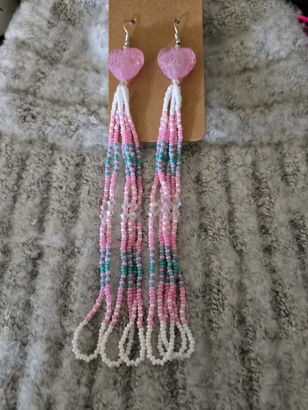 Handmade Pink Heart Beaded Tassel Earrings - Pink, White & Teal
